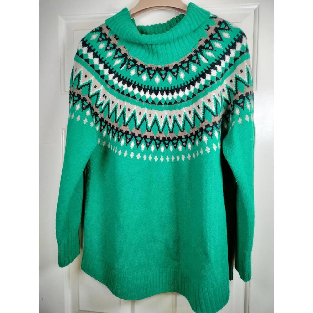 ​J. Jill Fair Isle Cowl Neck Sweater Women's‎ Large Petite Green Wool Blend Knit